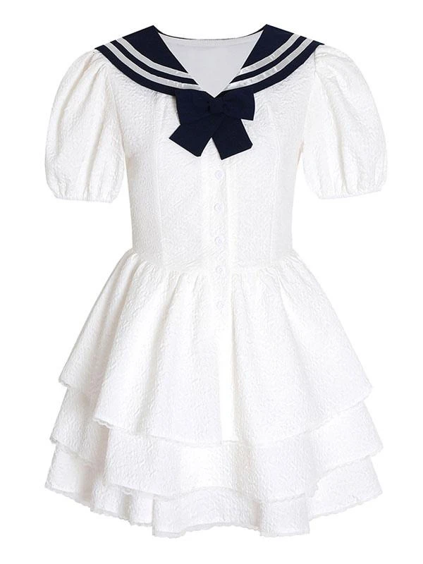 Sweet Sailor Lolita Dress Polyester Short Sleeves Bows Navy Style Dress - Image 5