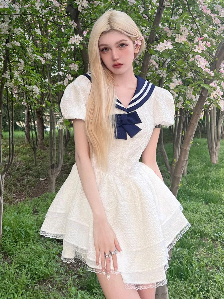 Sweet Sailor Lolita Dress Polyester Short Sleeves Bows Navy Style Dress - Image 3