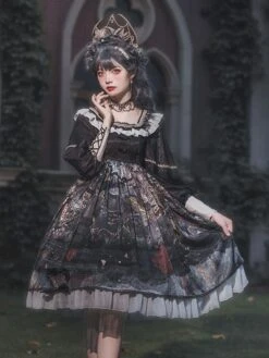 Gothic Lolita Dresses Bows Ruffles Floral Print Black