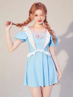 Sweet Lolita Outfits Light Sky Blue Bows Ruffles Short Sleeves Jumpsuit