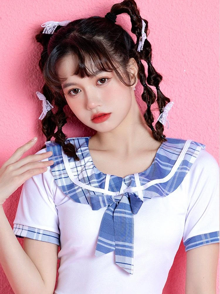 Sweet Lolita Outfits Light Sky Blue Bows Plaid Short Sleeves Top Pants - Image 7