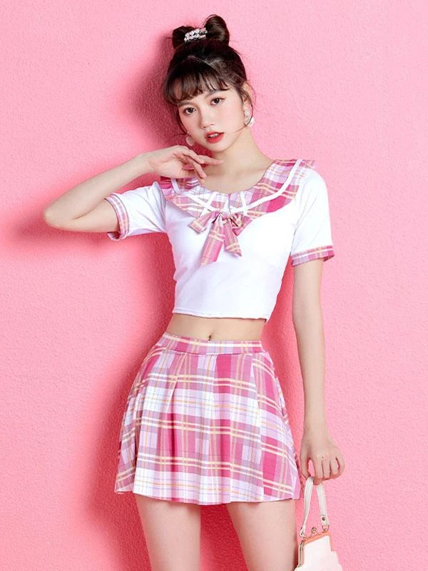 Sweet Lolita Outfits Light Sky Blue Bows Plaid Short Sleeves Top Pants - Image 3