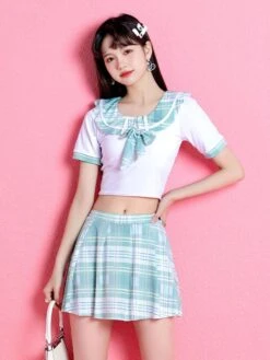 Sweet Lolita Outfits Light Sky Blue Bows Plaid Short Sleeves Top Pants