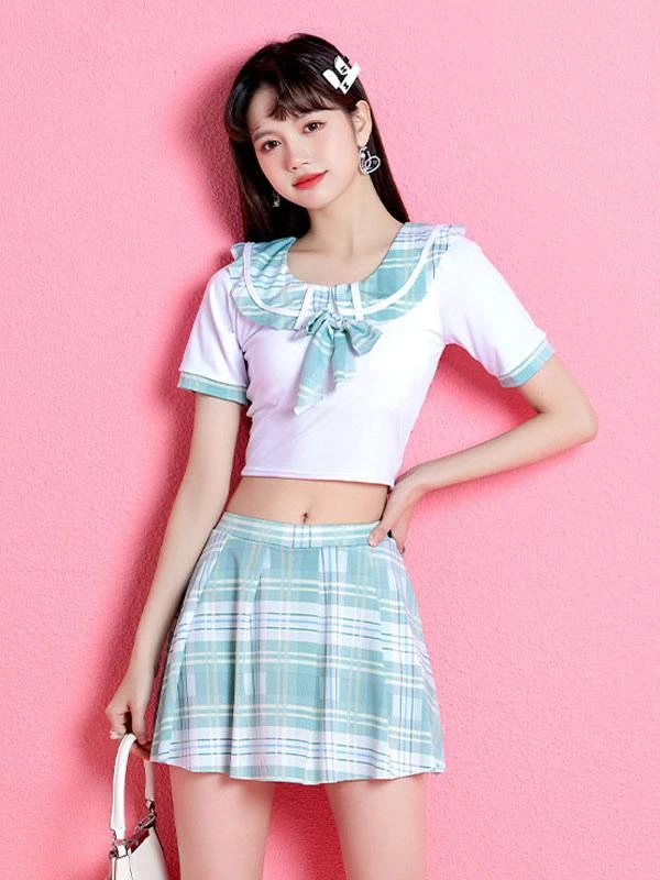 Sweet Lolita Outfits Light Sky Blue Bows Plaid Short Sleeves Top Pants