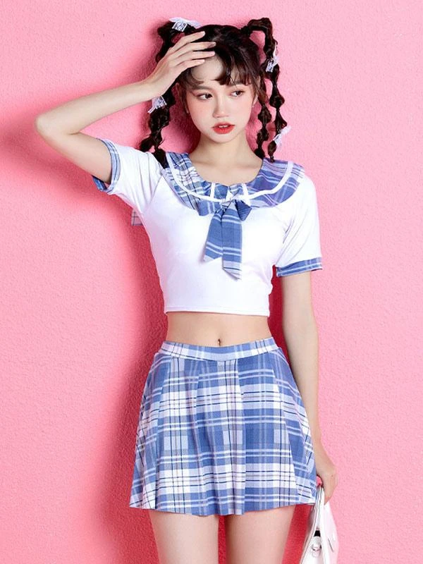 Sweet Lolita Outfits Light Sky Blue Bows Plaid Short Sleeves Top Pants - Image 5