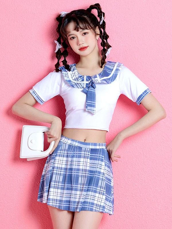 Sweet Lolita Outfits Light Sky Blue Bows Plaid Short Sleeves Top Pants - Image 6