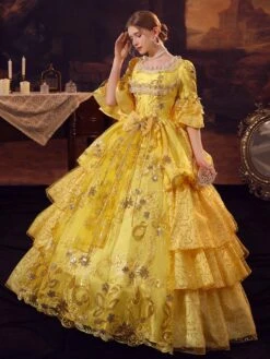 Gold Retro Costumes Polyester Dress Marie Antoinette Costume Women's Gothic Masquerade Ball Gown