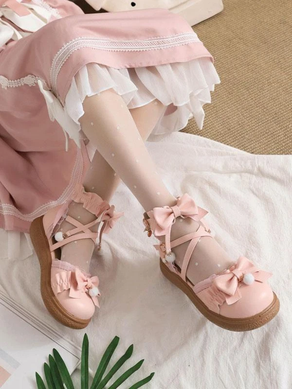 Sweet Lolita Shoes White Bows Ruffles PU Leather Flat Lolita Shoes - Image 4