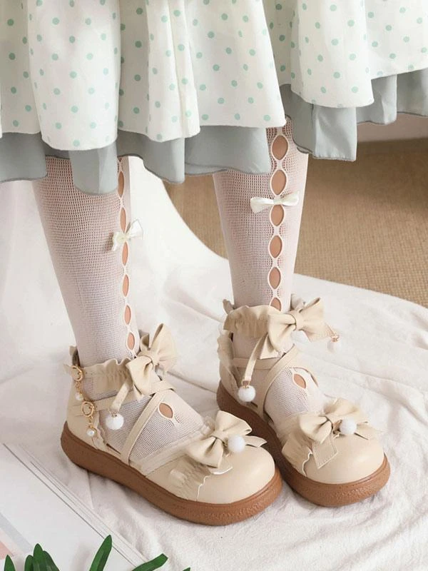Sweet Lolita Shoes White Bows Ruffles PU Leather Flat Lolita Shoes
