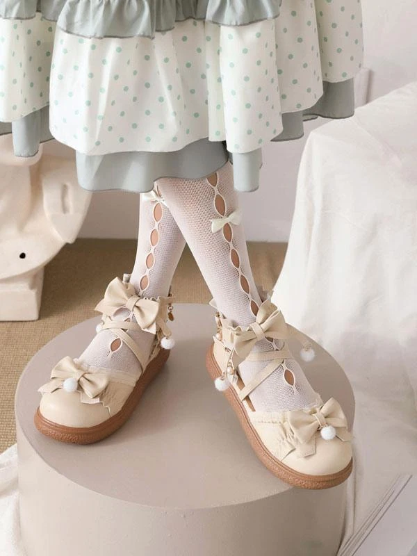 Sweet Lolita Shoes White Bows Ruffles PU Leather Flat Lolita Shoes - Image 2