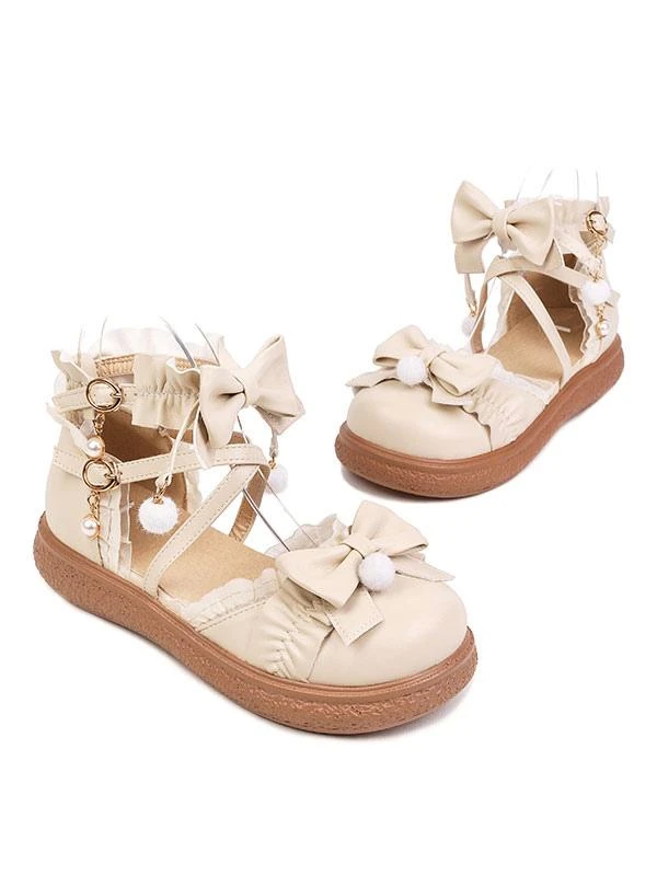 Sweet Lolita Shoes White Bows Ruffles PU Leather Flat Lolita Shoes - Image 3