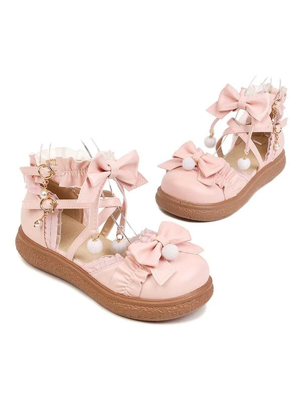 Sweet Lolita Shoes White Bows Ruffles PU Leather Flat Lolita Shoes - Image 5