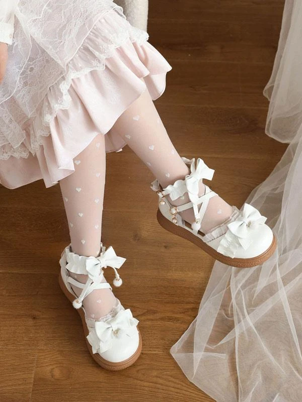 Sweet Lolita Shoes White Bows Ruffles PU Leather Flat Lolita Shoes - Image 6