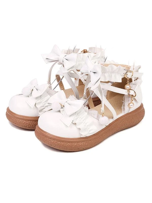 Sweet Lolita Shoes White Bows Ruffles PU Leather Flat Lolita Shoes - Image 7
