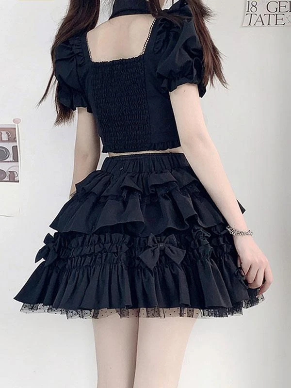 Gothic Lolita Outfits Burgundy Bows Ruffles Short Sleeves Skirt Top - Image 10