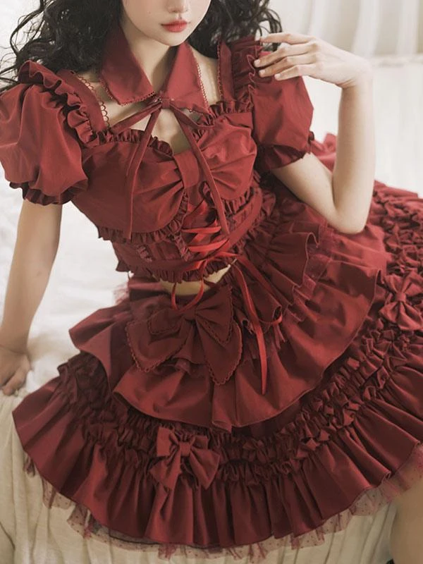 Gothic Lolita Outfits Burgundy Bows Ruffles Short Sleeves Skirt Top - Image 5