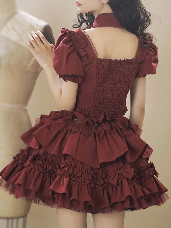 Gothic Lolita Outfits Burgundy Bows Ruffles Short Sleeves Skirt Top - Image 6