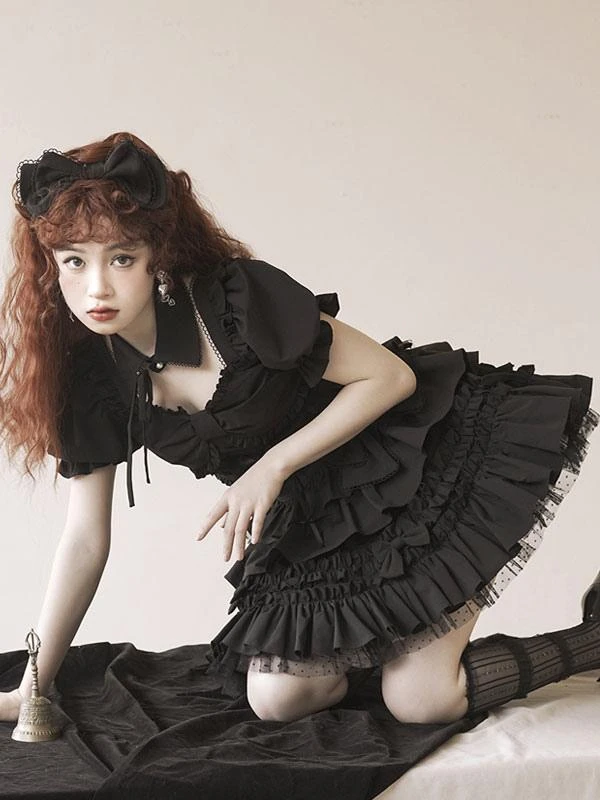 Gothic Lolita Outfits Burgundy Bows Ruffles Short Sleeves Skirt Top - Image 9