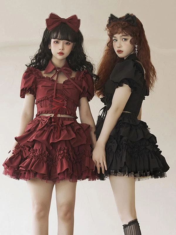 Gothic Lolita Outfits Burgundy Bows Ruffles Short Sleeves Skirt Top - Image 2