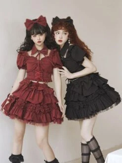 Gothic Lolita Outfits Burgundy Bows Ruffles Short Sleeves Skirt Top