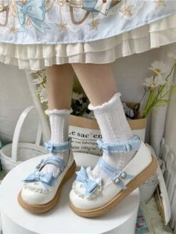 Sweet Lolita Shoes Light Sky Blue Ruffles Bows PU Leather Chunky Heel Lolita Footwear