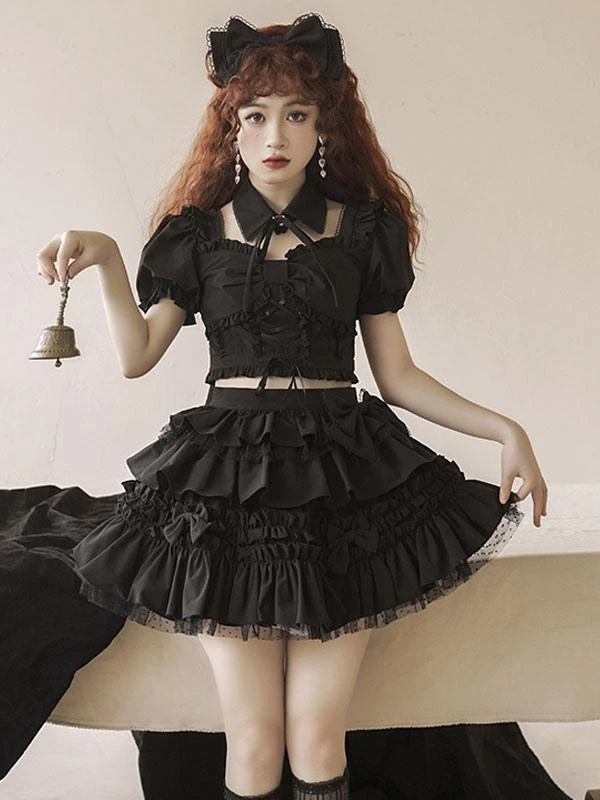 Gothic Lolita Outfits Burgundy Bows Ruffles Short Sleeves Skirt Top - Image 7