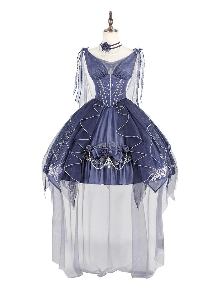 Lolita Dresses Tea Party Style Lolita Skirt Chains Sleeveless Polyester Lolita Wedding Dress Polka Dot Deep Blue - Image 5