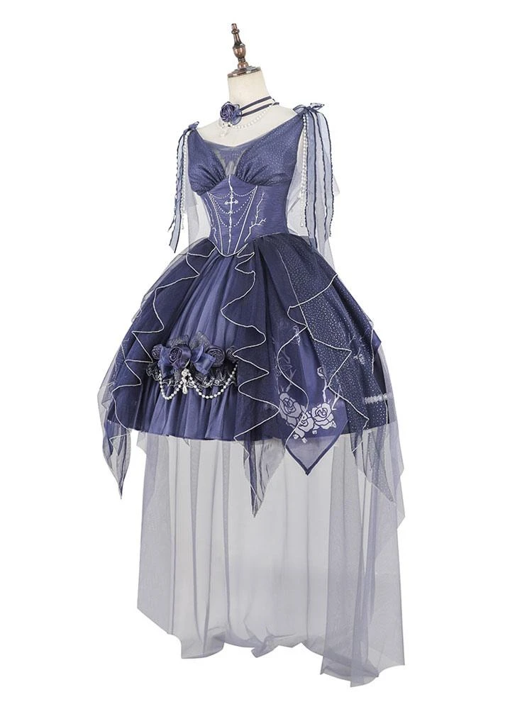 Lolita Dresses Tea Party Style Lolita Skirt Chains Sleeveless Polyester Lolita Wedding Dress Polka Dot Deep Blue - Image 7