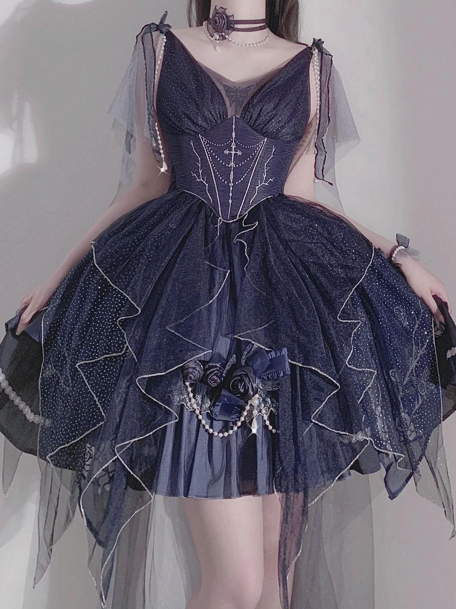 Lolita Dresses Tea Party Style Lolita Skirt Chains Sleeveless Polyester Lolita Wedding Dress Polka Dot Deep Blue - Image 2