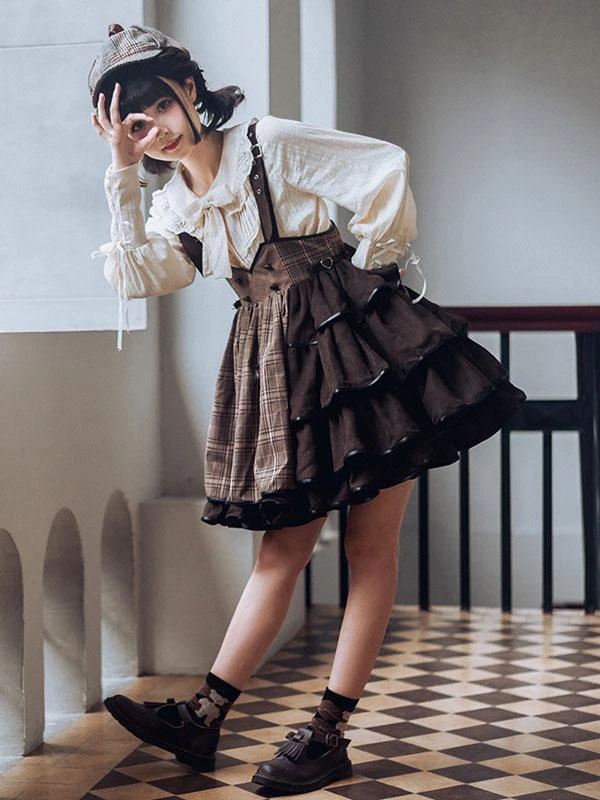 Gothic Lolita SK Ruffles Deep Brown Plaid Lolita Skirts - Image 2