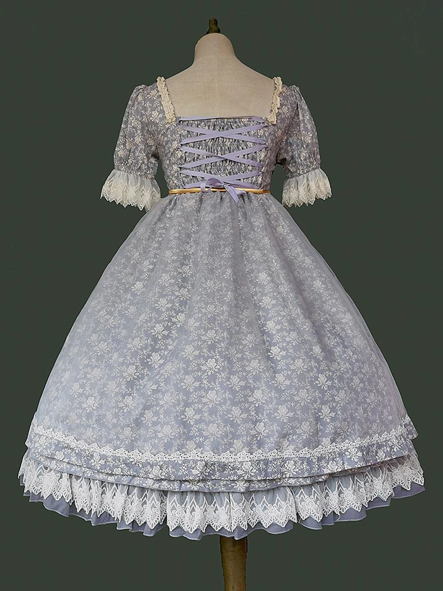 Gothic Lolita Dresses Lace Floral Print Blue Gray Blue Gray - Image 6
