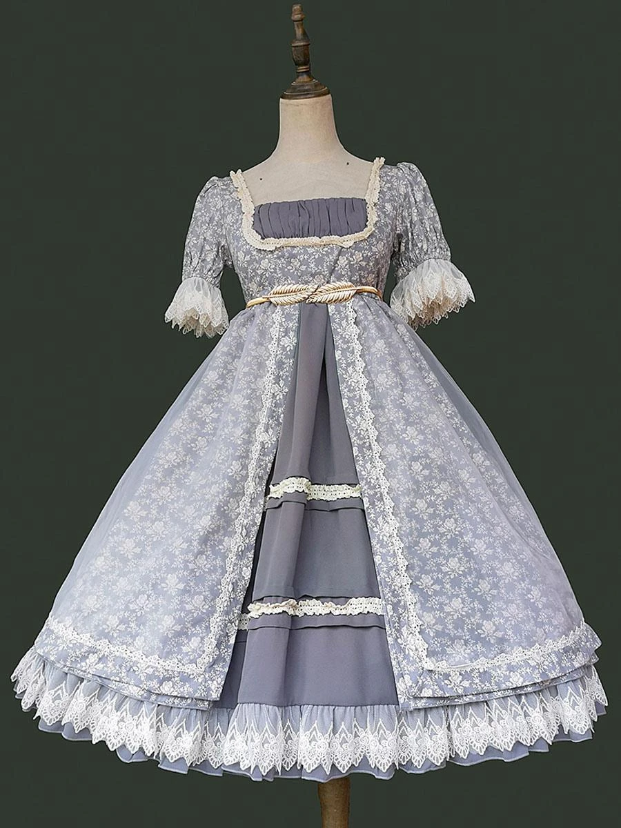 Gothic Lolita Dresses Lace Floral Print Blue Gray Blue Gray - Image 8