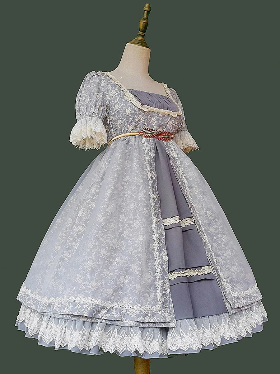 Gothic Lolita Dresses Lace Floral Print Blue Gray Blue Gray - Image 9