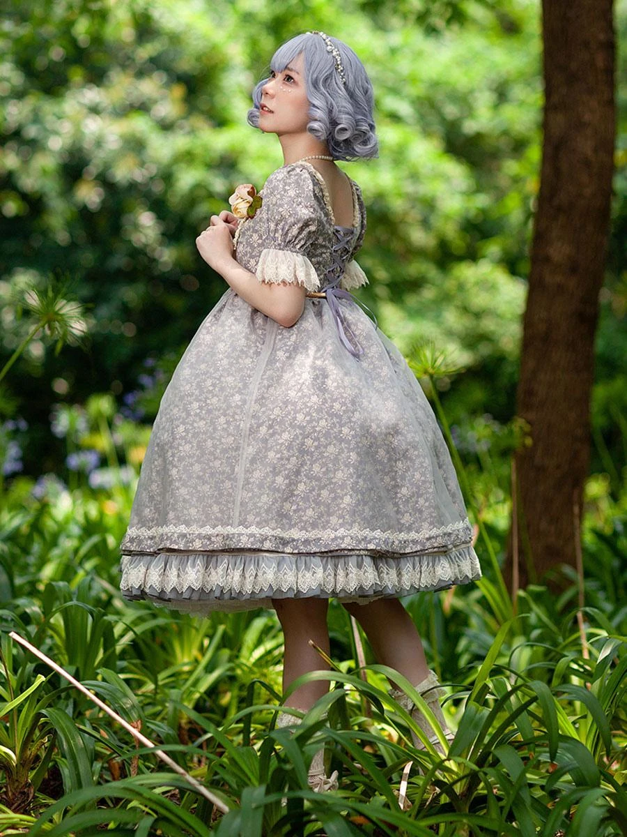 Gothic Lolita Dresses Lace Floral Print Blue Gray Blue Gray - Image 2