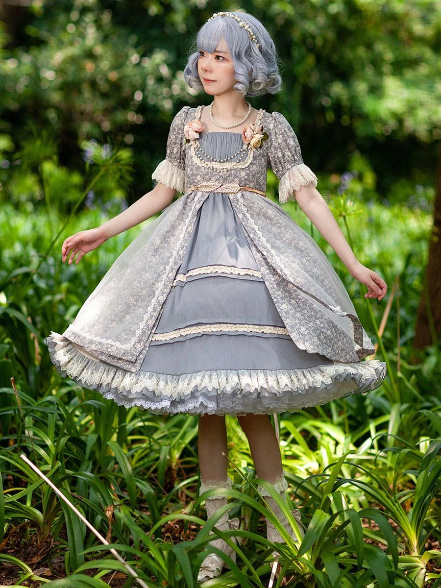 Gothic Lolita Dresses Lace Floral Print Blue Gray Blue Gray