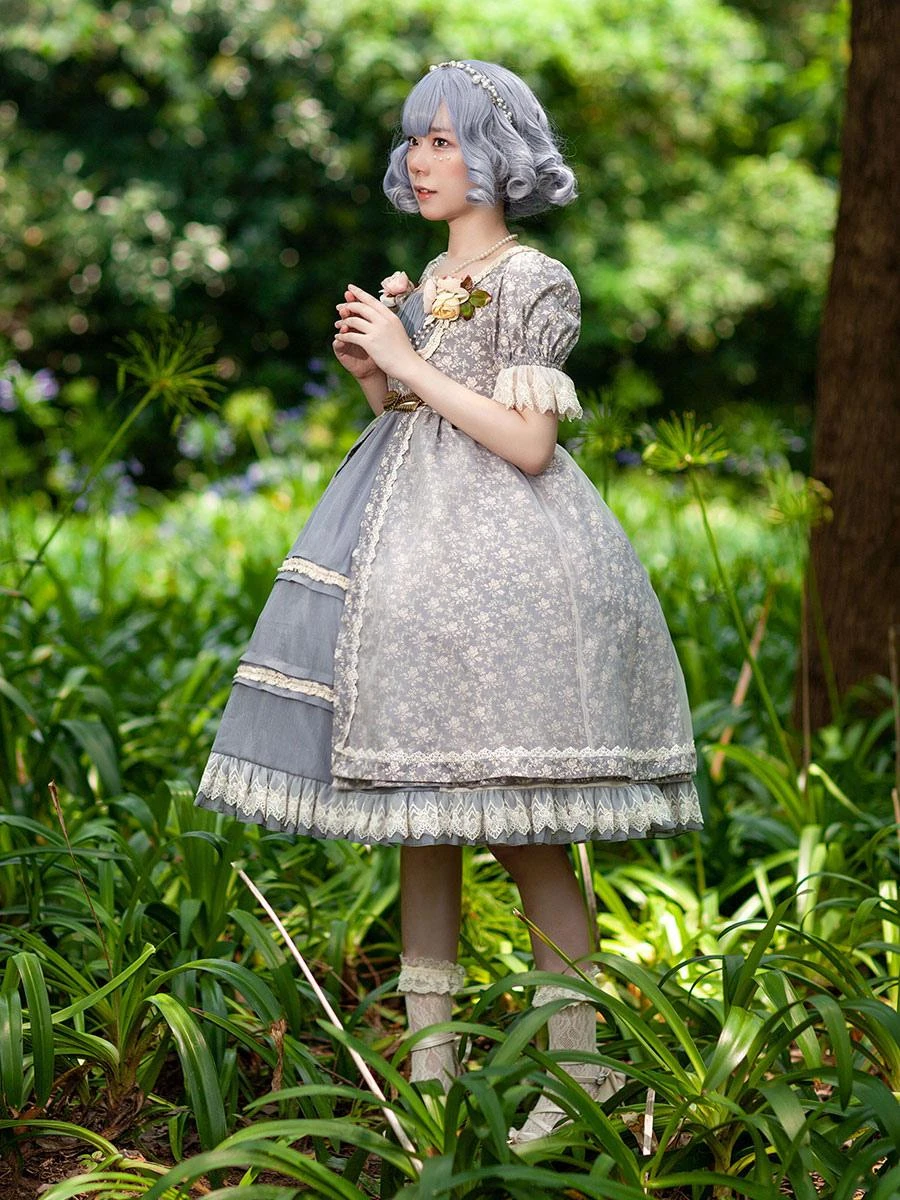 Gothic Lolita Dresses Lace Floral Print Blue Gray Blue Gray - Image 4