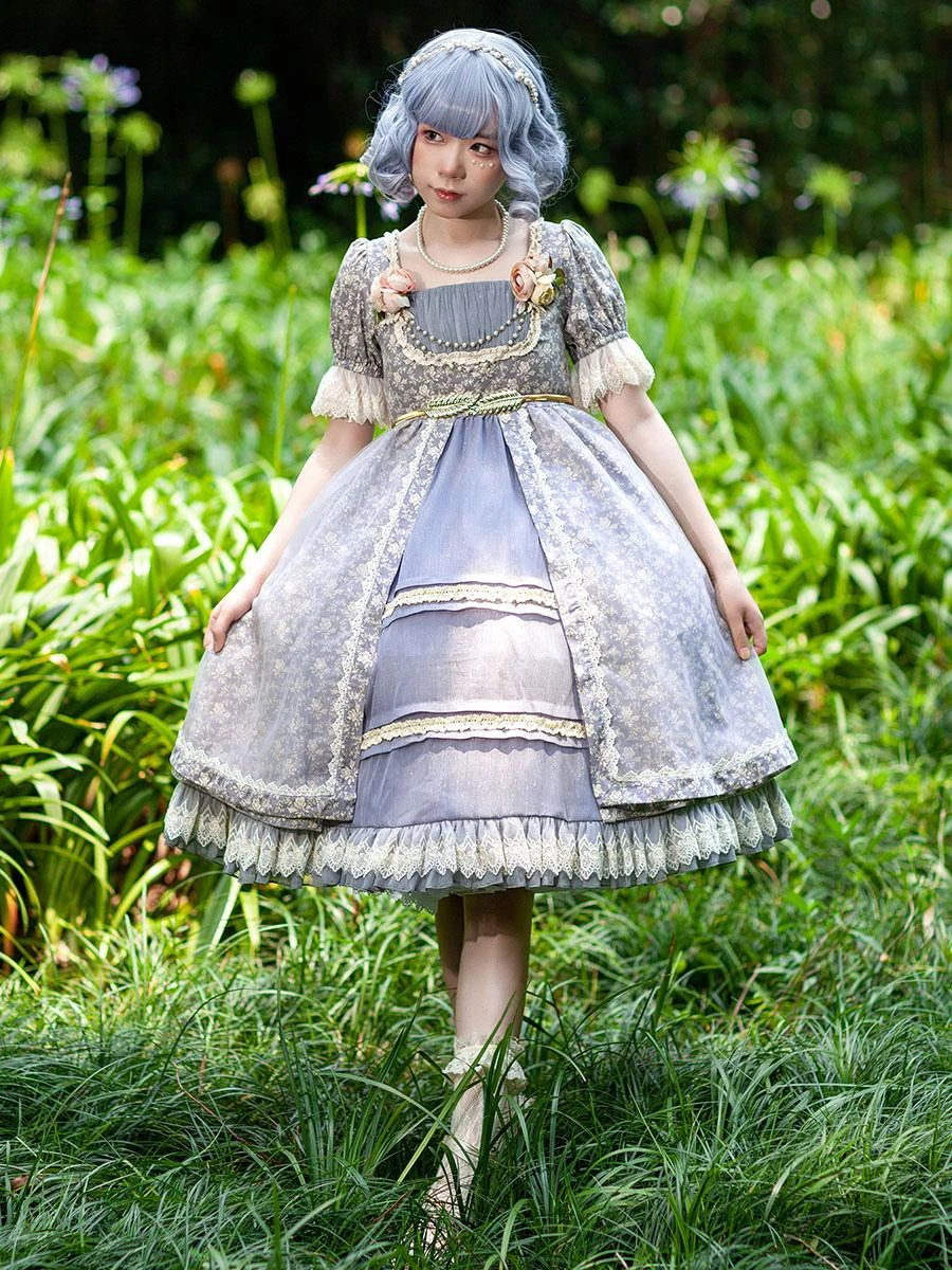 Gothic Lolita Dresses Lace Floral Print Blue Gray Blue Gray - Image 5
