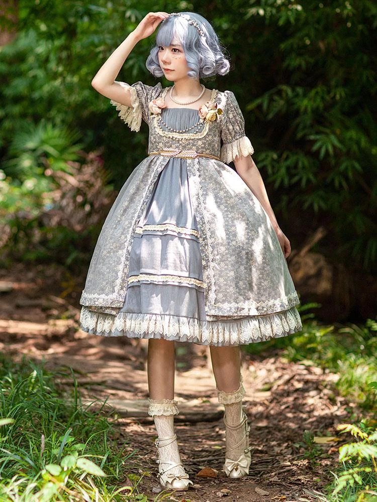 Gothic Lolita Dresses Lace Floral Print Blue Gray Blue Gray - Image 3