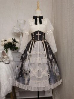 Academic Lolita Outfits Ecru White Lace Long Sleeves Blouse Skirt