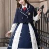 Academic Lolita Outfits Dark Navy Long Sleeves Cape Top Skirt