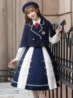 Academic Lolita Outfits Dark Navy Long Sleeves Cape Top Skirt