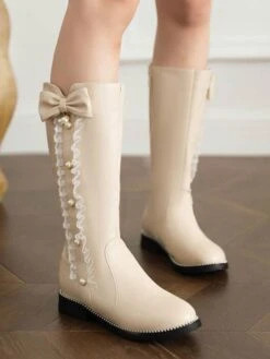 Sweet Lolita Boots PU Leather Bows Round Toe Ecru White Lolita Footwear
