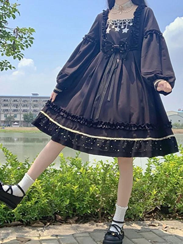 Gothic Lolita Dresses Bows Ruffles Stars Print Black - Image 3