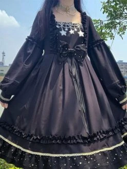 Gothic Lolita Dresses Bows Ruffles Stars Print Black