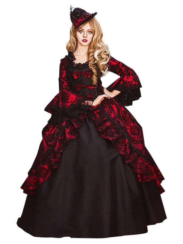 Burgundy Retro Costumes Women's Lace Ruffles Polyester Tunic Dress Retro Marie Antoinette Costume Party Prom Dress - Image 5