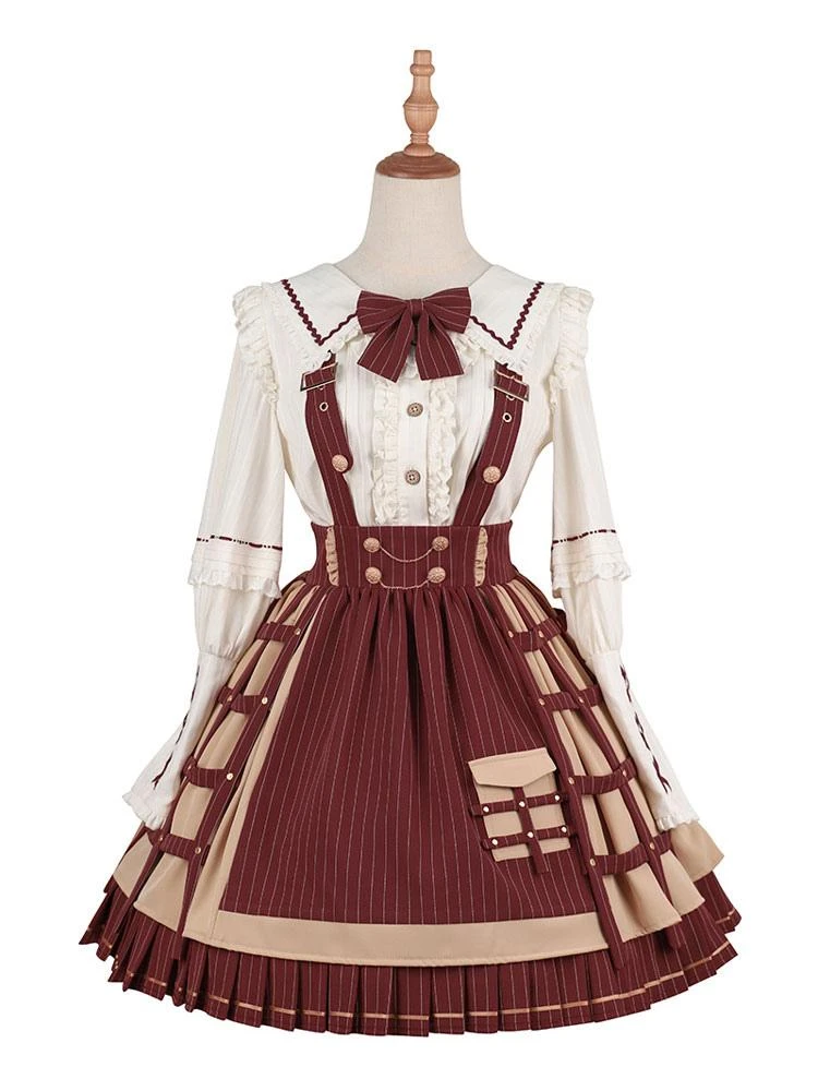 Academic Lolita Outfits Dark Red Chains Stripes Long Sleeves Cloak Skirt Hat - Image 8