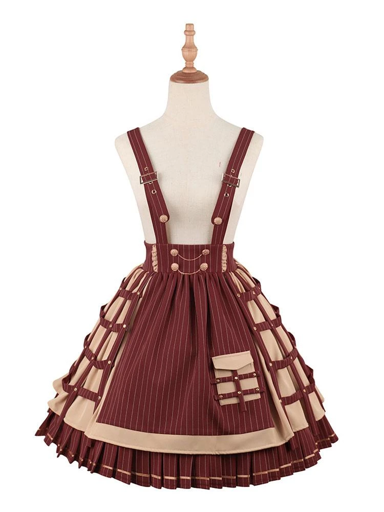 Academic Lolita Outfits Dark Red Chains Stripes Long Sleeves Cloak Skirt Hat - Image 9