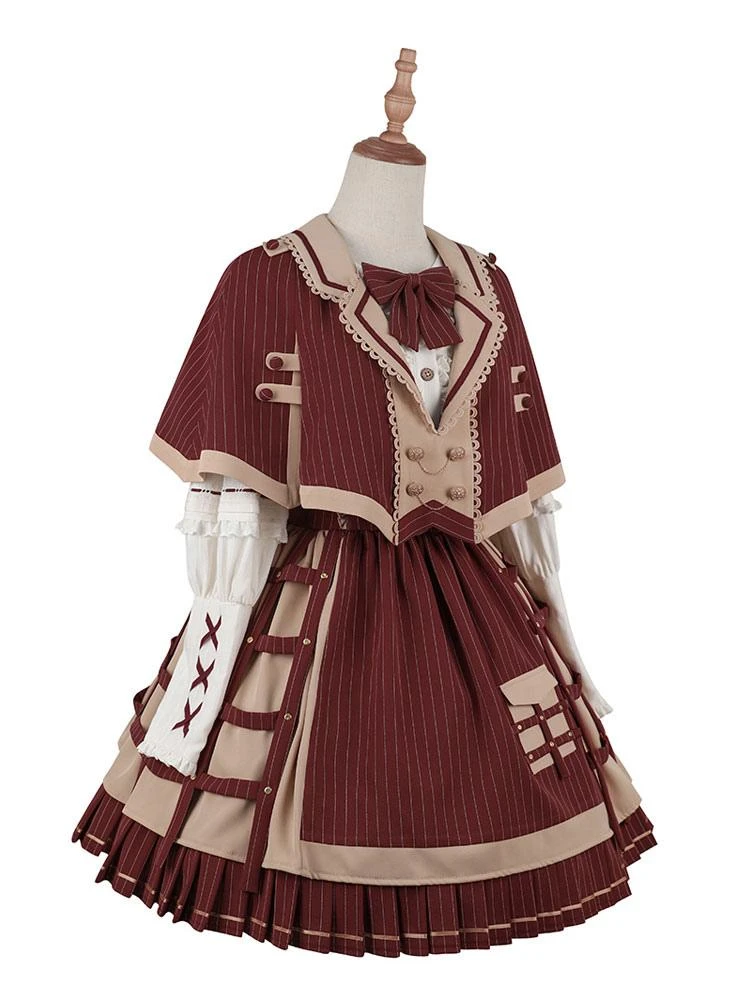 Academic Lolita Outfits Dark Red Chains Stripes Long Sleeves Cloak Skirt Hat - Image 6