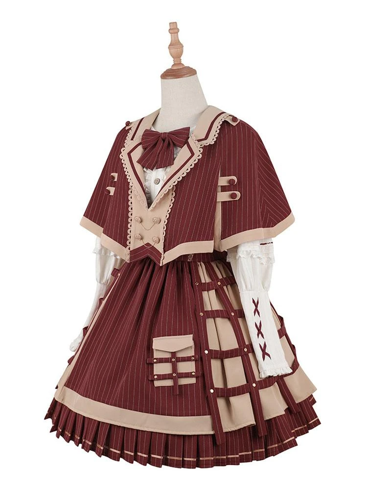 Academic Lolita Outfits Dark Red Chains Stripes Long Sleeves Cloak Skirt Hat - Image 7