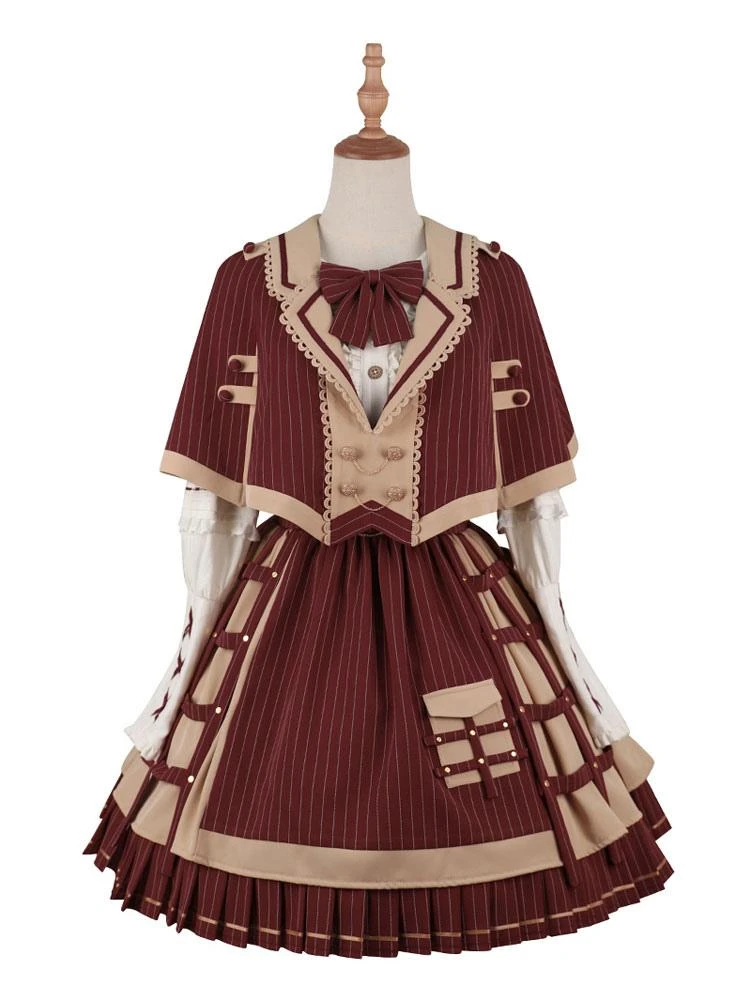 Academic Lolita Outfits Dark Red Chains Stripes Long Sleeves Cloak Skirt Hat - Image 5